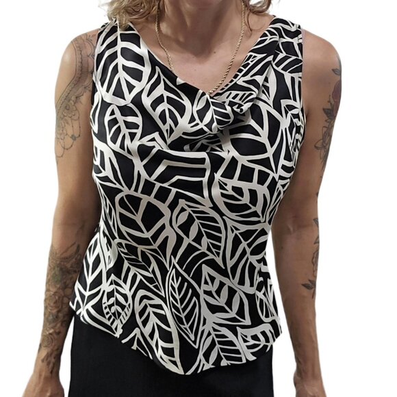 Talbots Vintage Pure Silk Cowl Neck Black White Leaf Print Sleeveless Blouse 6 - Picture 8 of 12